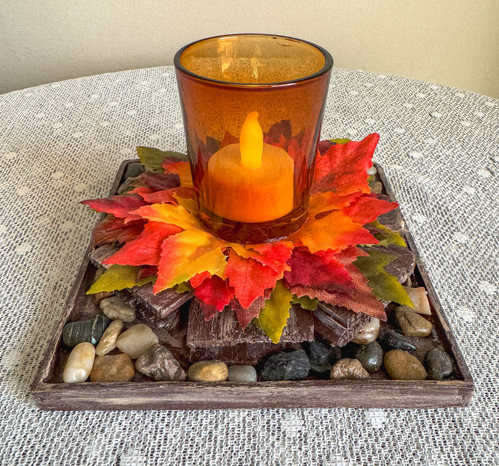Fall rustic votive candleholder with a stacked wood bonfire design