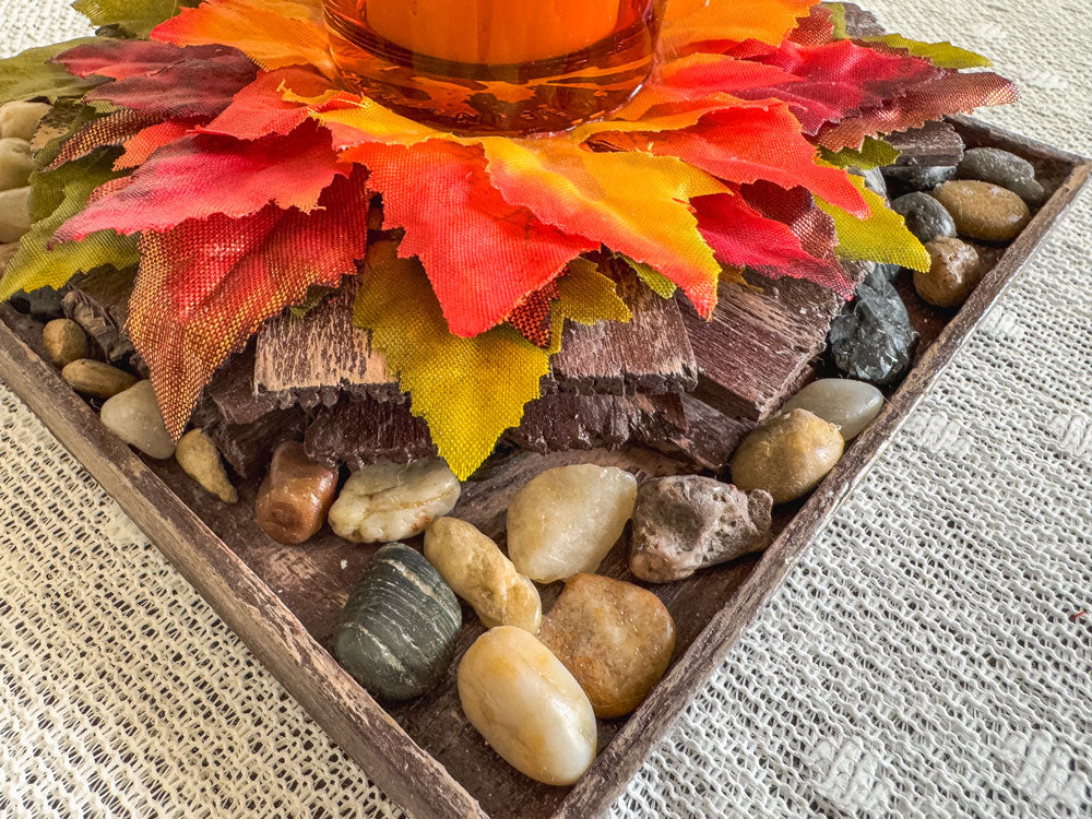 Fall rustic votive candleholder with a stacked wood bonfire design