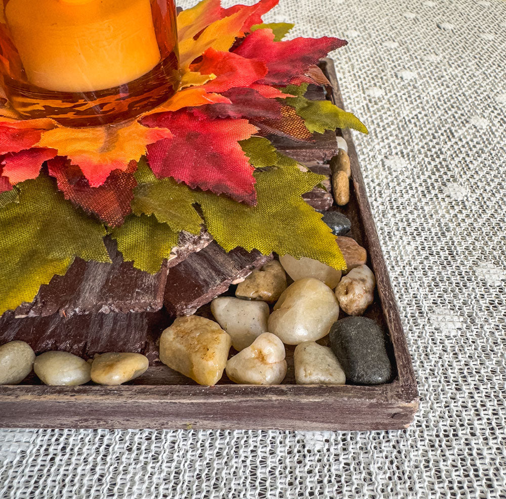 Fall rustic votive candleholder with a stacked wood bonfire design