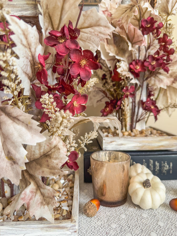 Frosty autumn handcrafted candleholder with artificial burgundy flowers