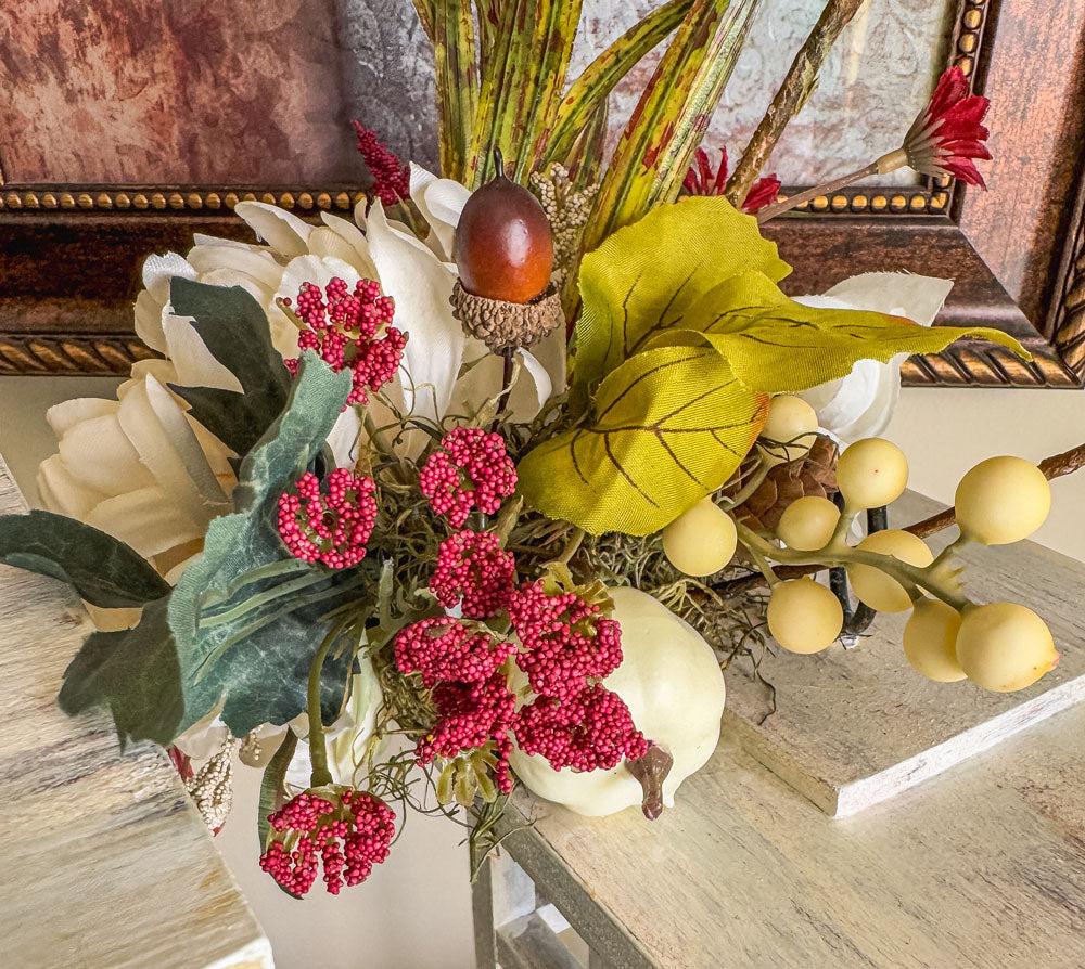 Fall floral and foliage wooden indoor lantern candleholder