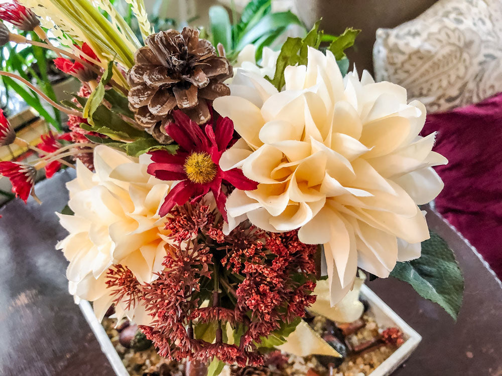 Fall faux floral bouquet in vintage green glass stemware