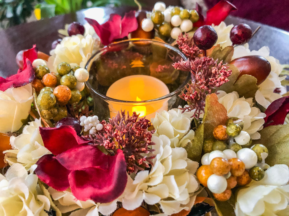 Autumn-themed candleholder with upcycled green glass apple candy dish