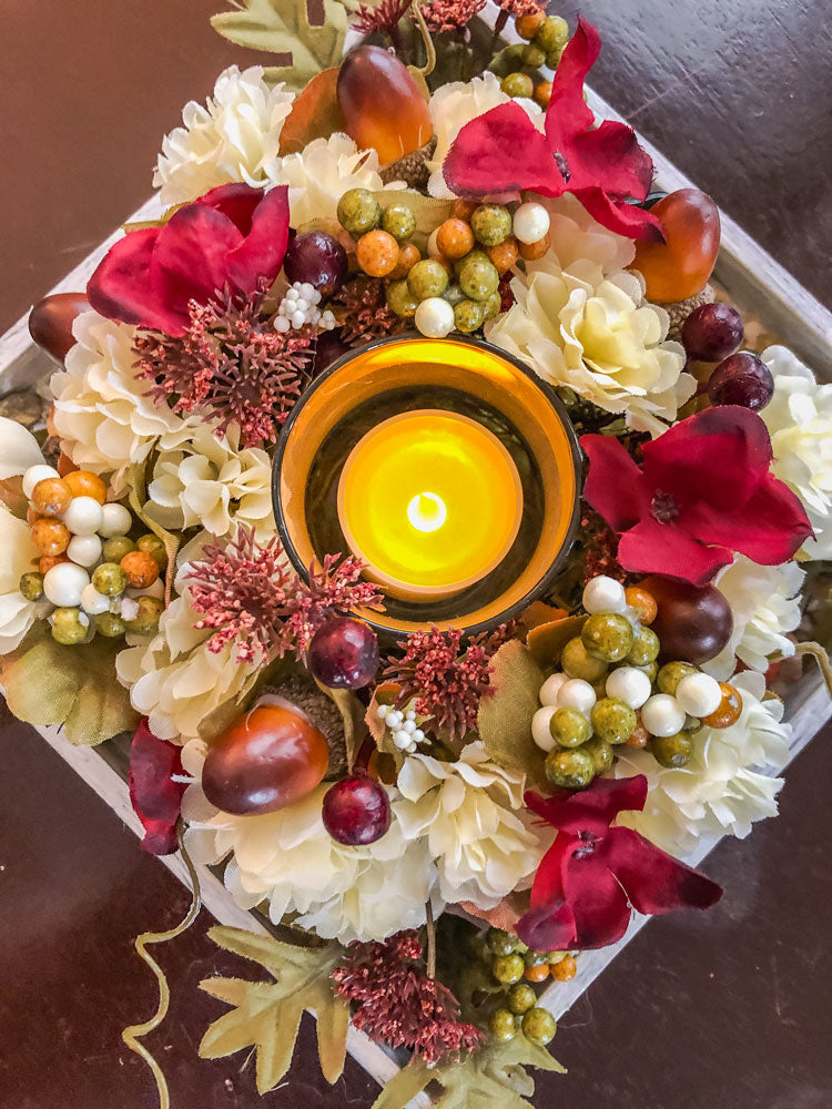 Autumn-themed candleholder with upcycled green glass apple candy dish