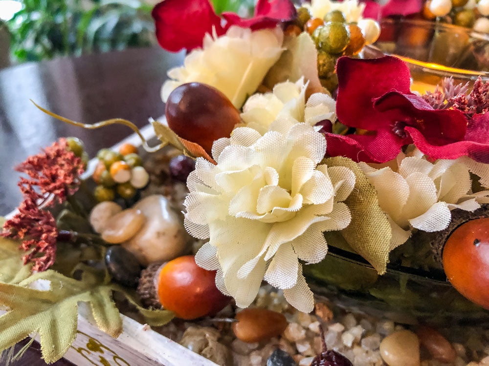 Autumn-themed candleholder with upcycled green glass apple candy dish