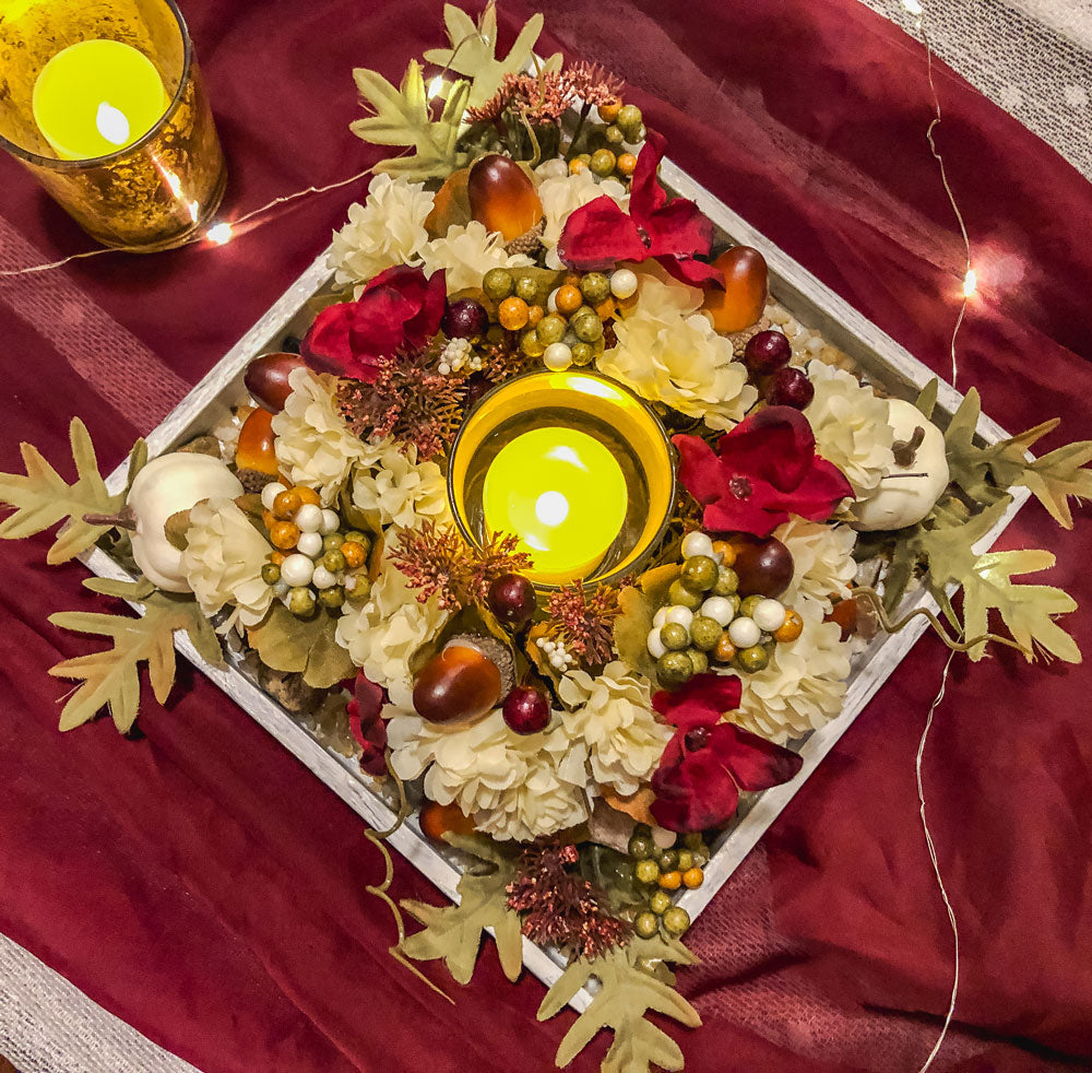 Autumn-themed candleholder with upcycled green glass apple candy dish