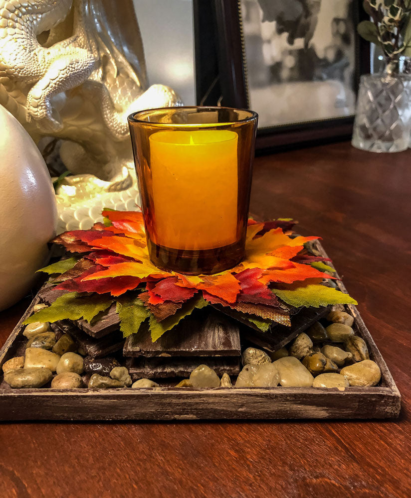 Fall rustic votive candleholder with a stacked wood bonfire design