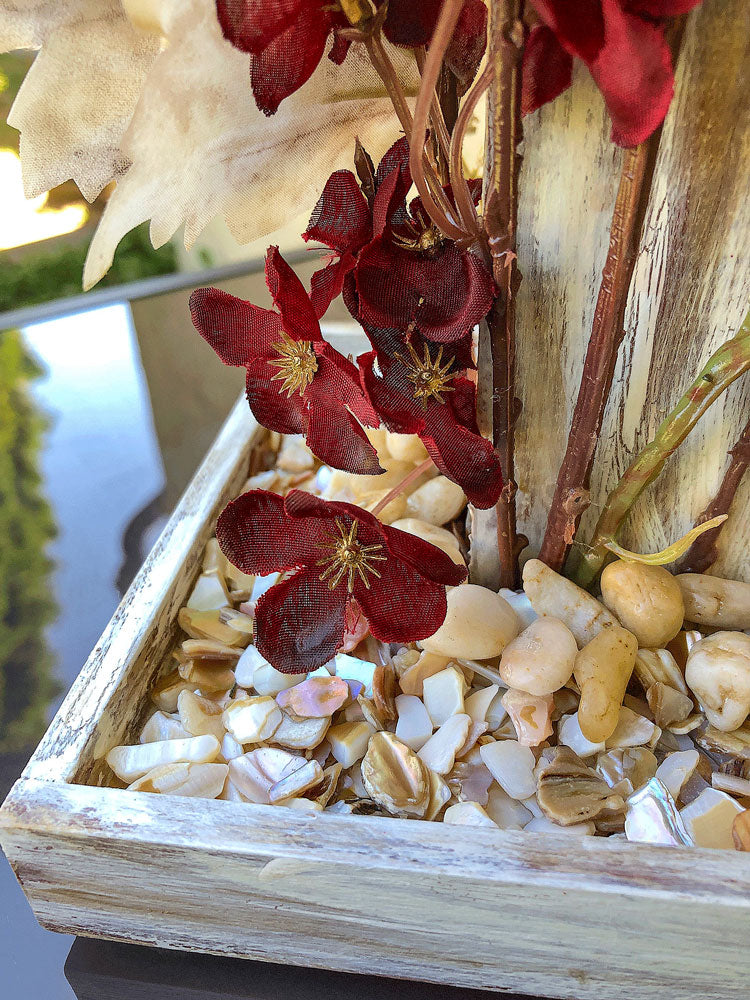 Frosty autumn handcrafted candleholder with artificial burgundy flowers