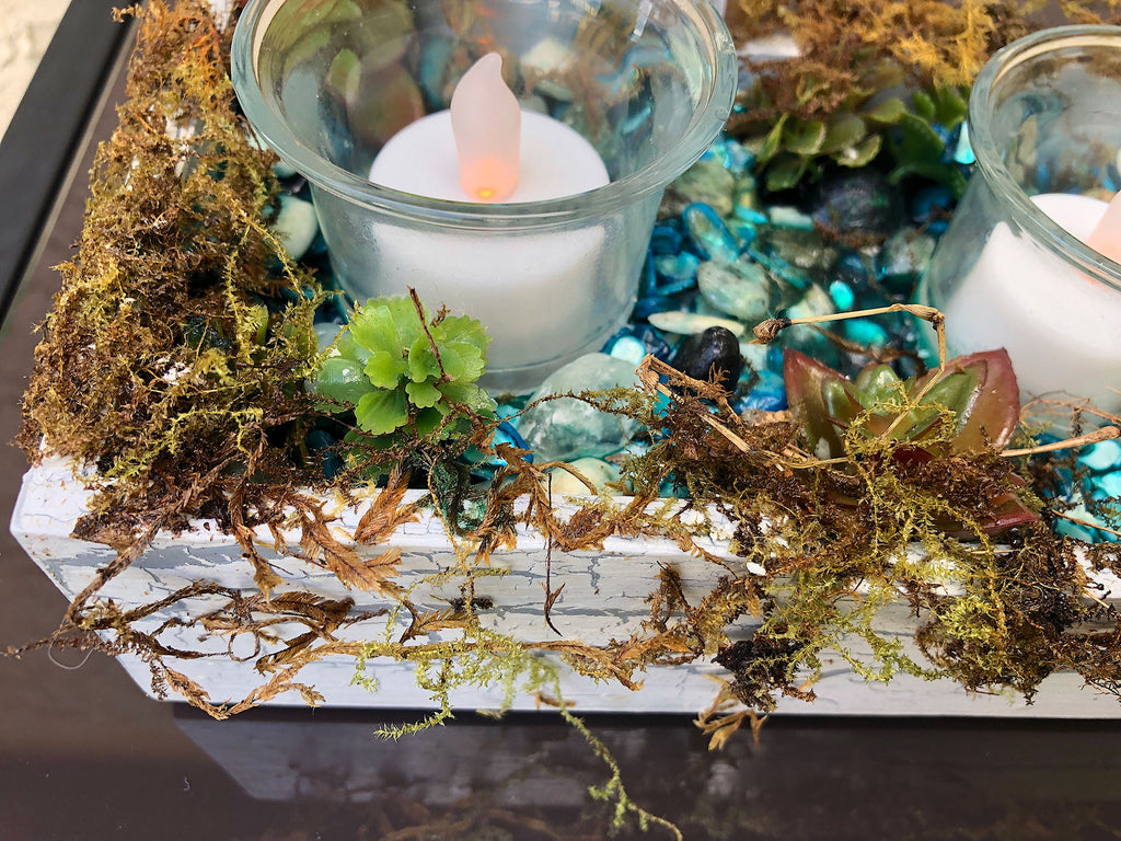 Handcrafted fairy stream with moss candleholder