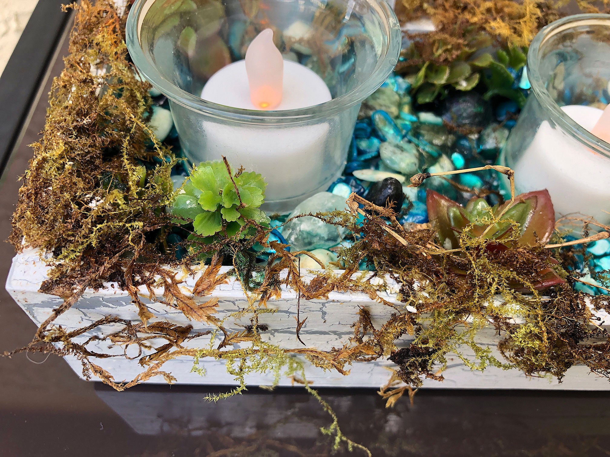 Handcrafted fairy stream with moss candleholder