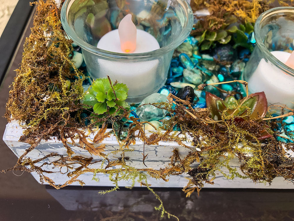 Handcrafted fairy stream with moss candleholder
