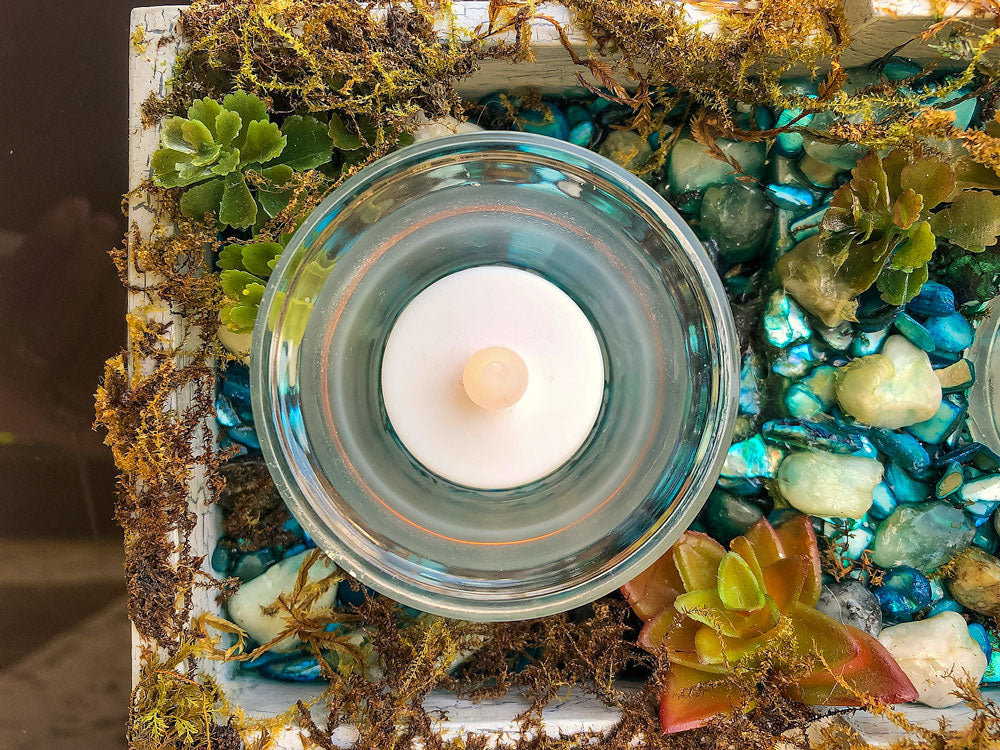 Handcrafted fairy stream with moss candleholder