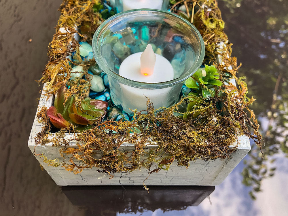Handcrafted fairy stream with moss candleholder