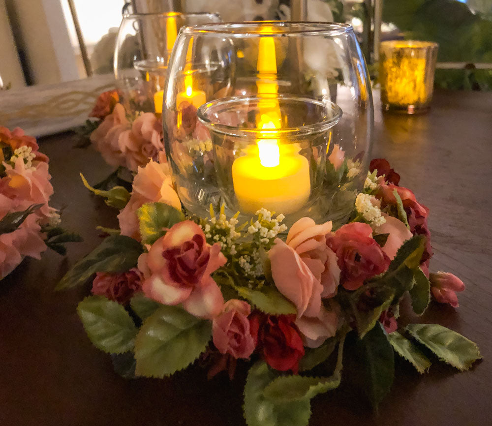 Votive candleholder with burgundy miniature rose faux floral ring