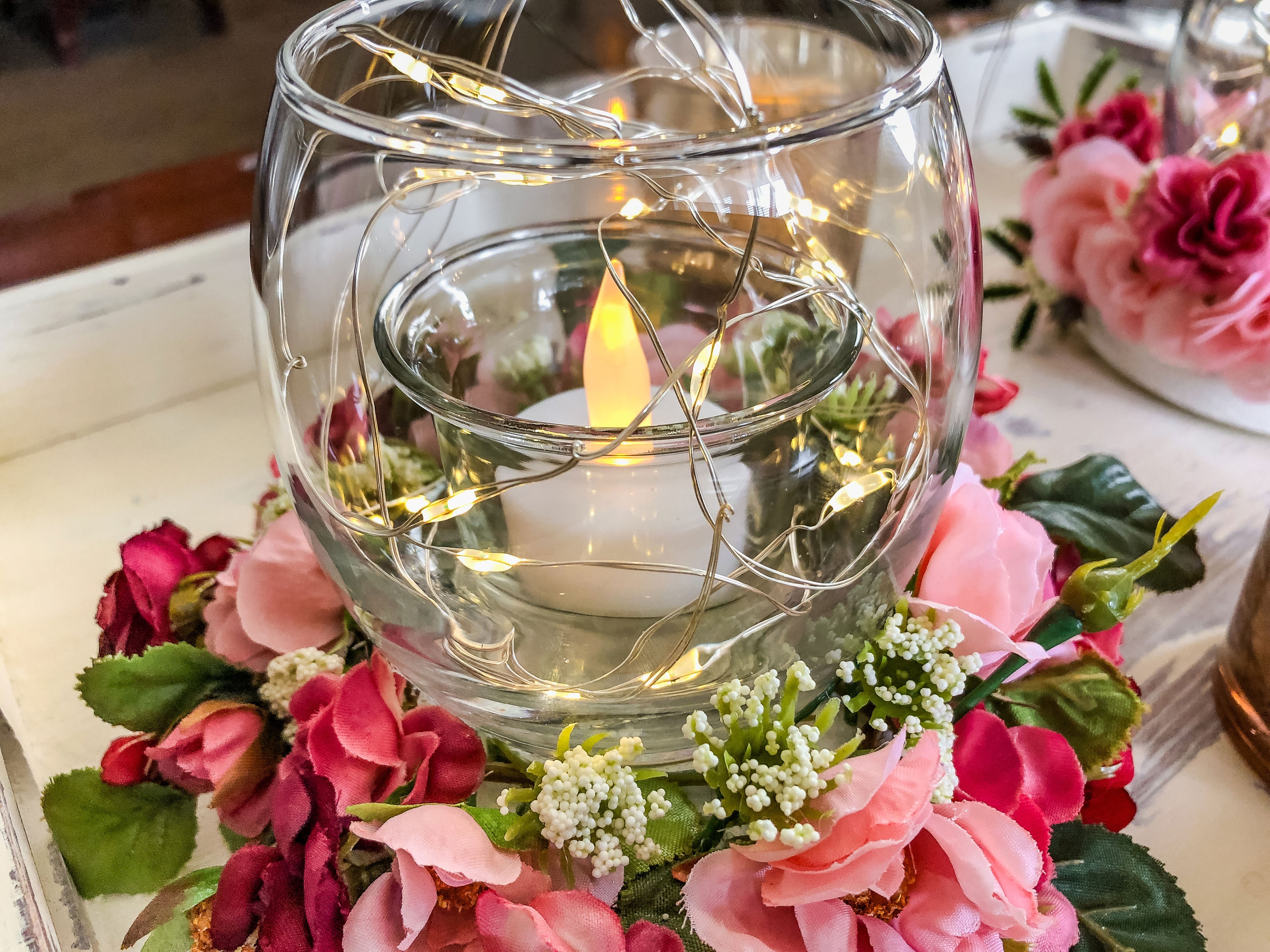 Votive candleholder with burgundy miniature rose faux floral ring