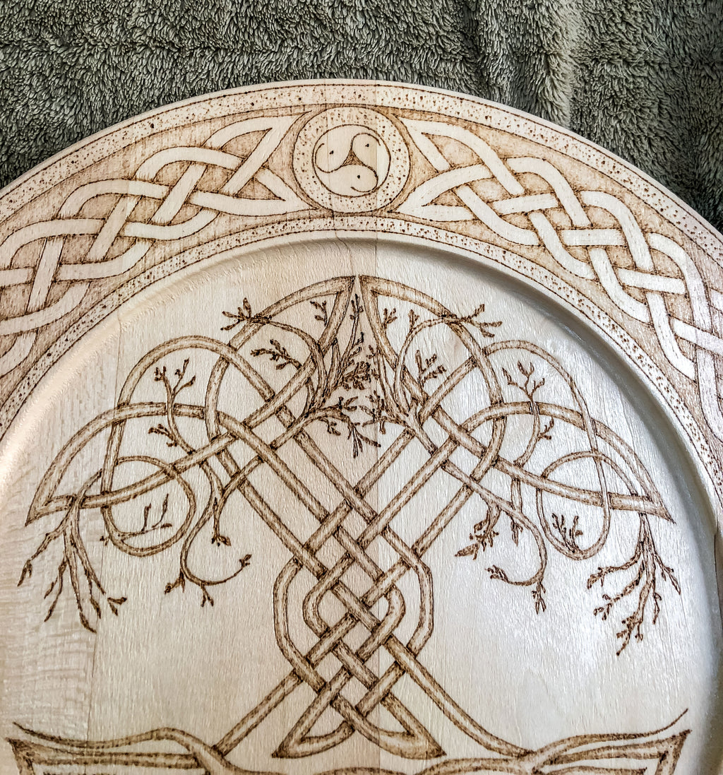 Celtic-inspired Tree of Life woodburned decorative plate