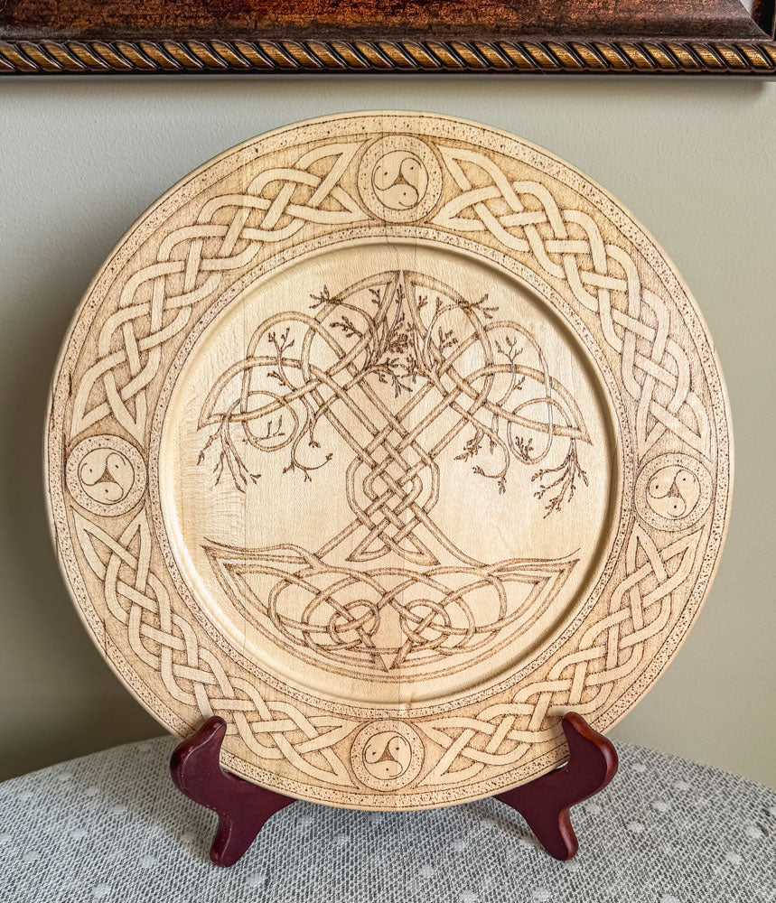 Celtic-inspired Tree of Life woodburned decorative plate