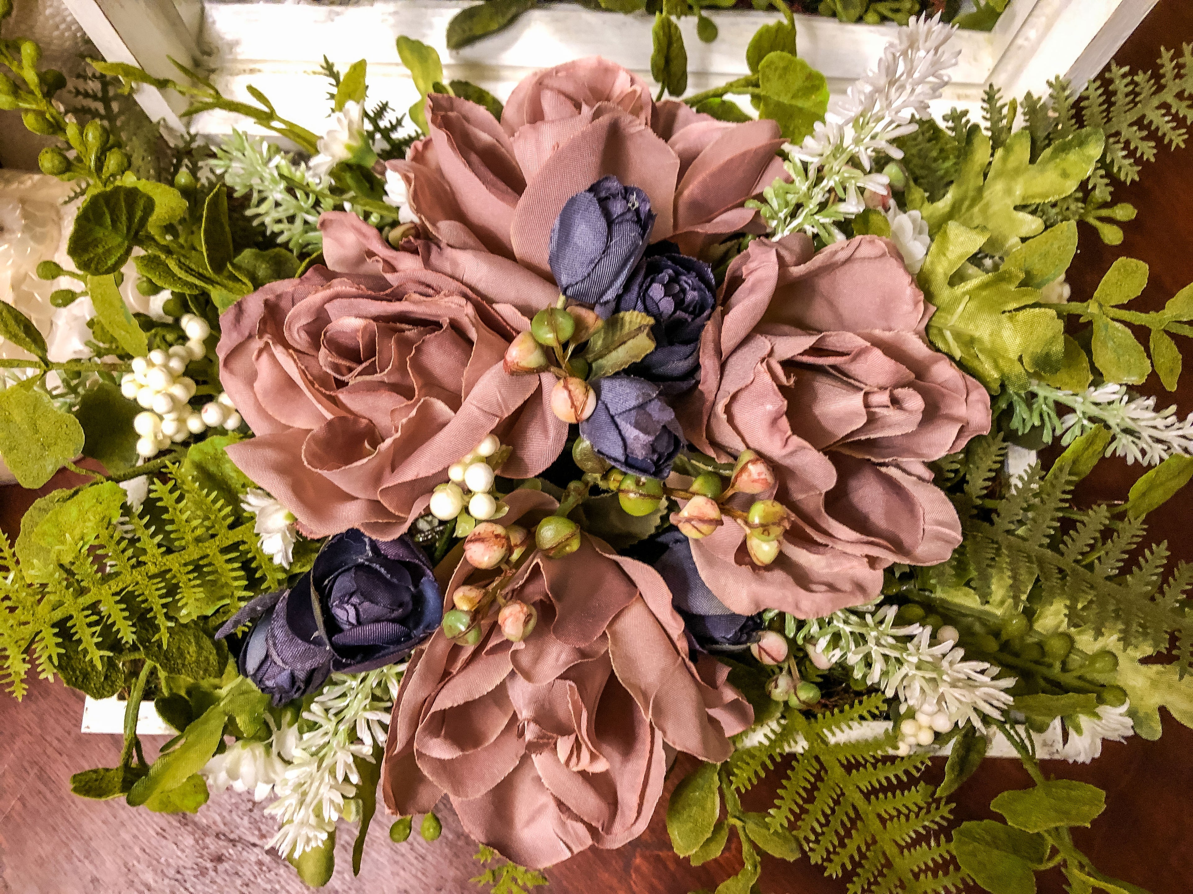 Wood jewelry box with mauve rose faux floral arrangement
