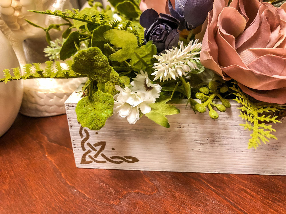 Wood jewelry box with mauve rose faux floral arrangement