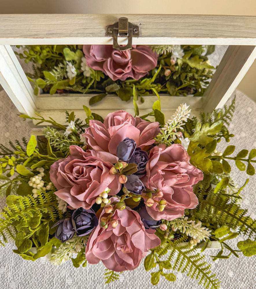 Wood jewelry box with mauve rose faux floral arrangement