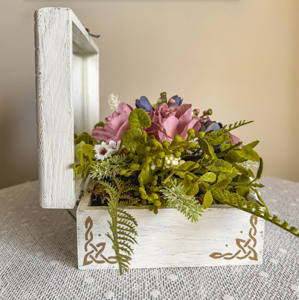 Wood jewelry box with mauve rose faux floral arrangement