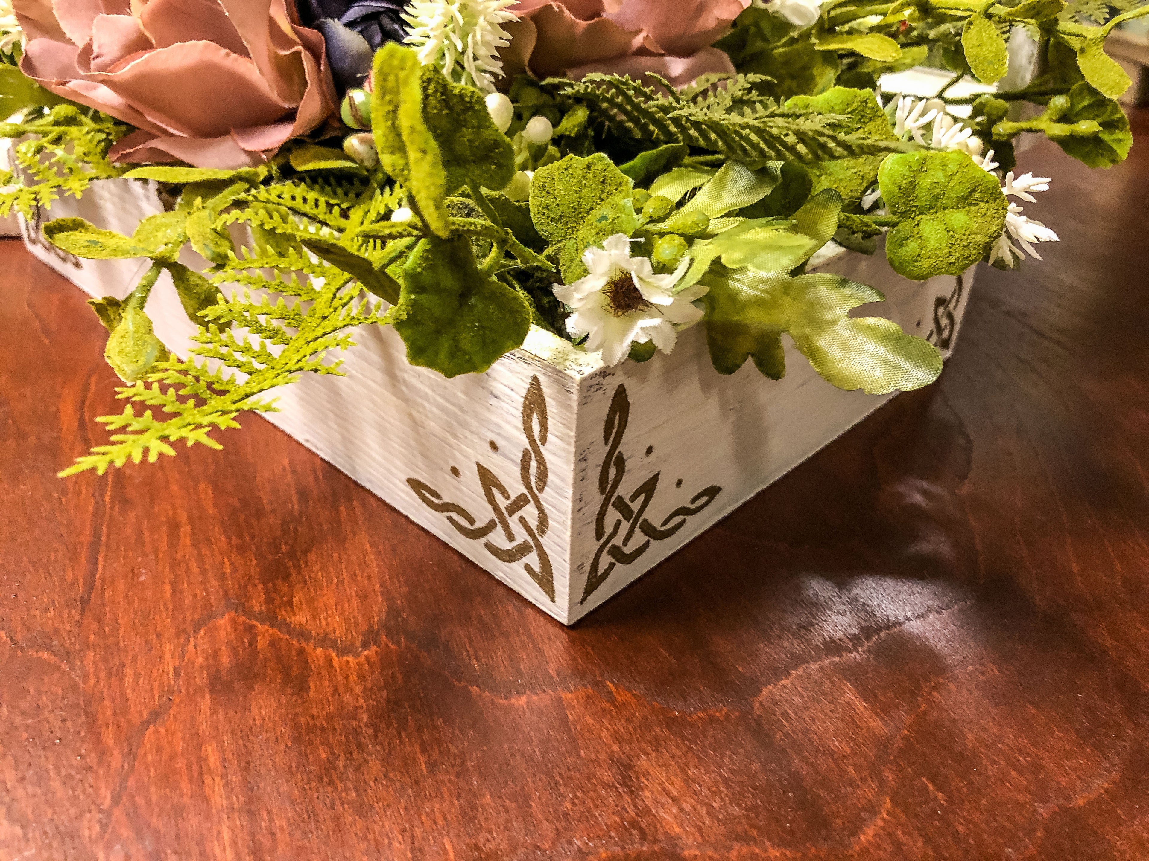 Wood jewelry box with mauve rose faux floral arrangement