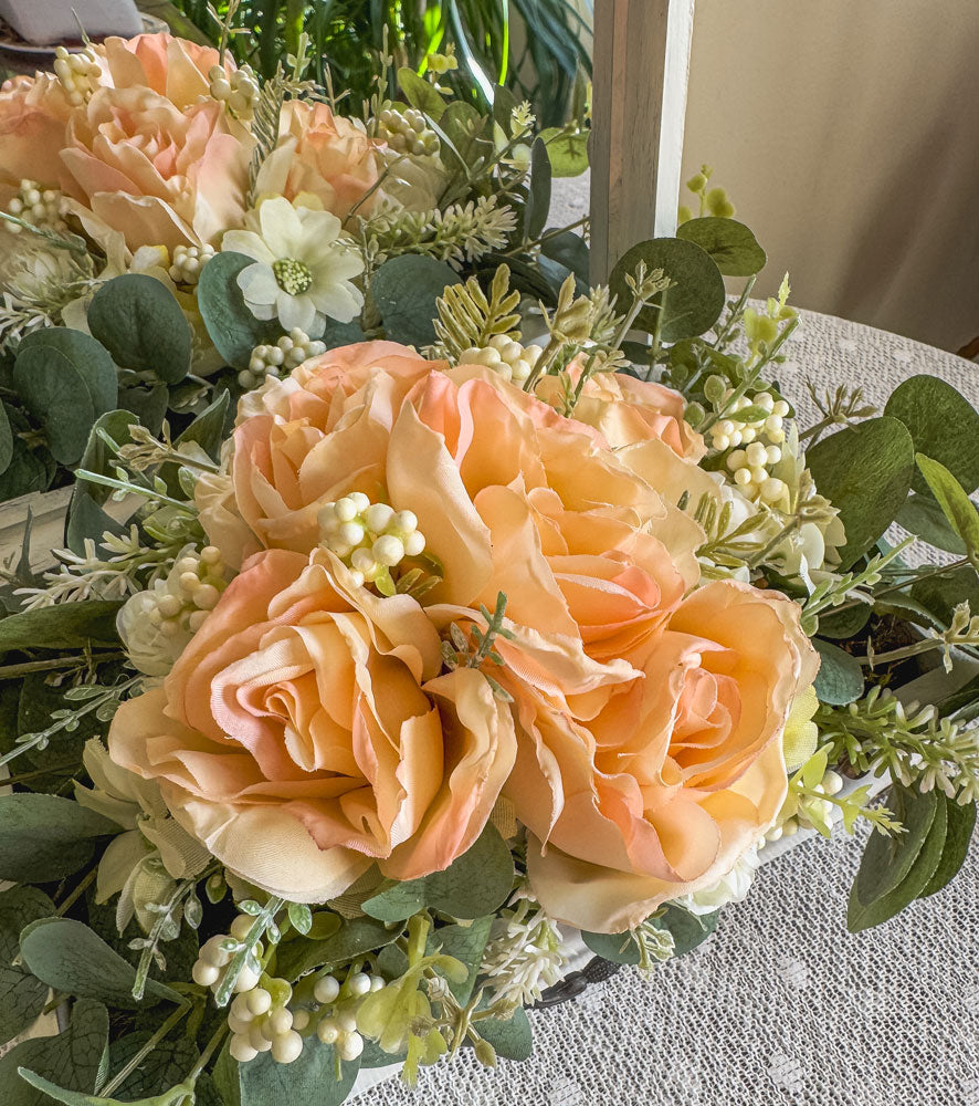 Wood jewelry box with peach rose faux floral arrangement
