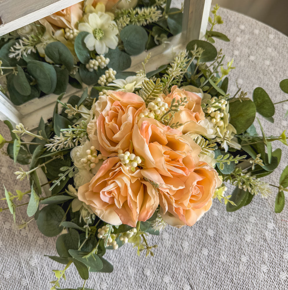 Wood jewelry box with peach rose faux floral arrangement
