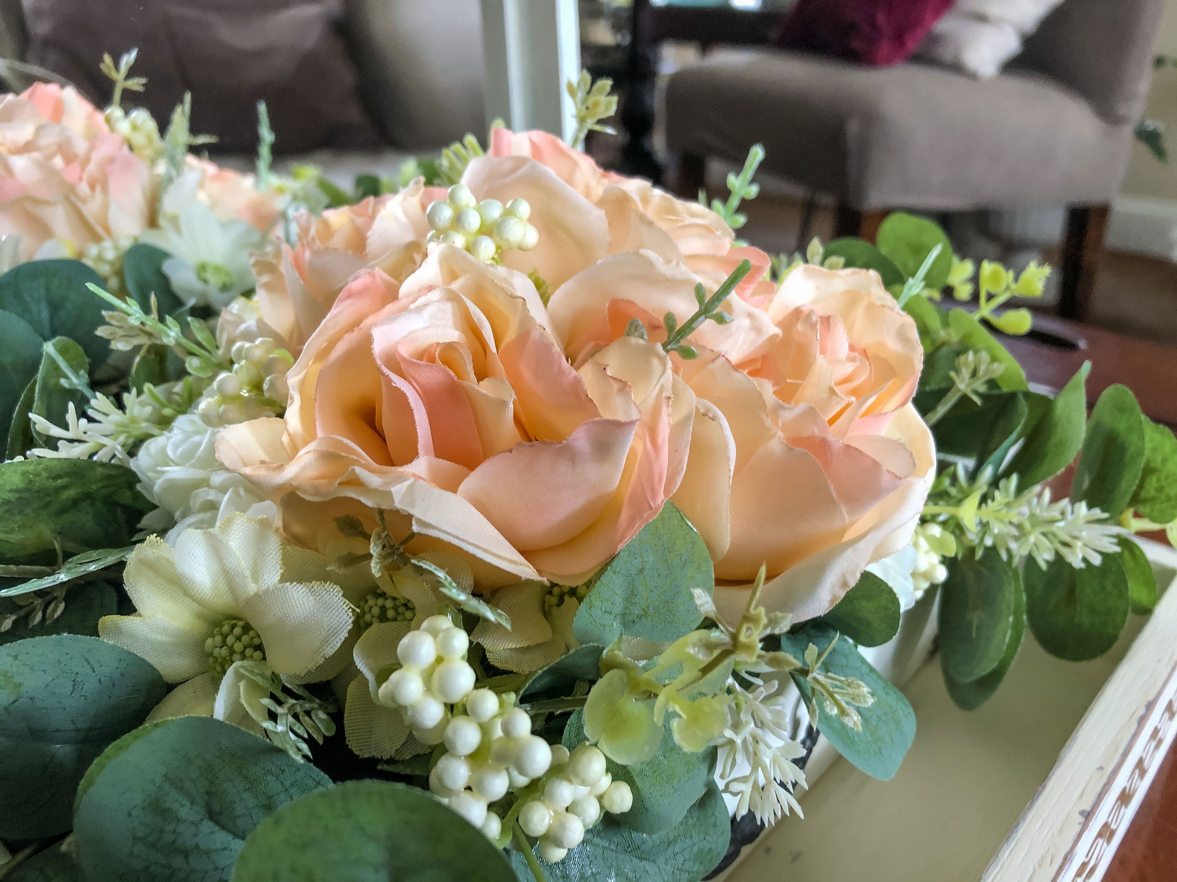 Wood jewelry box with peach rose faux floral arrangement