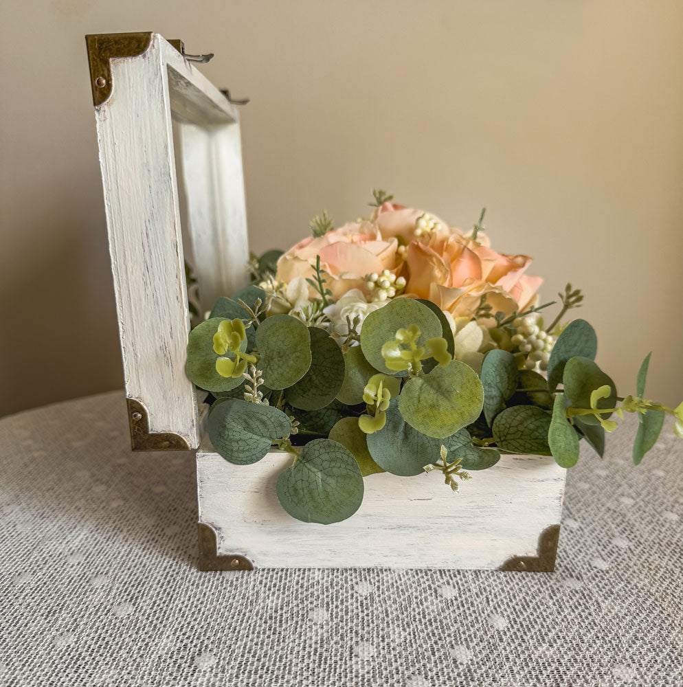 Wood jewelry box with peach rose faux floral arrangement