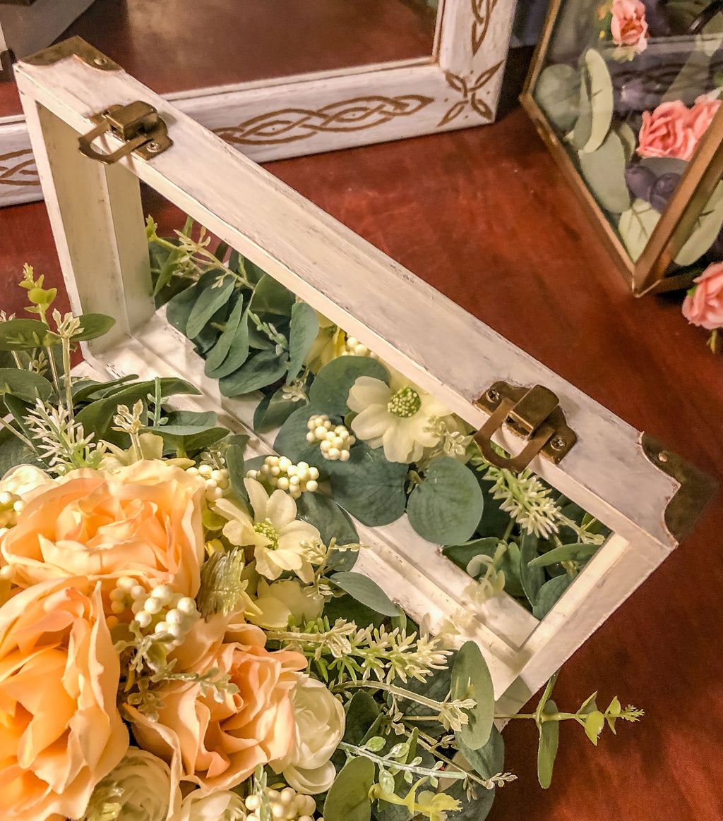 Wood jewelry box with peach rose faux floral arrangement