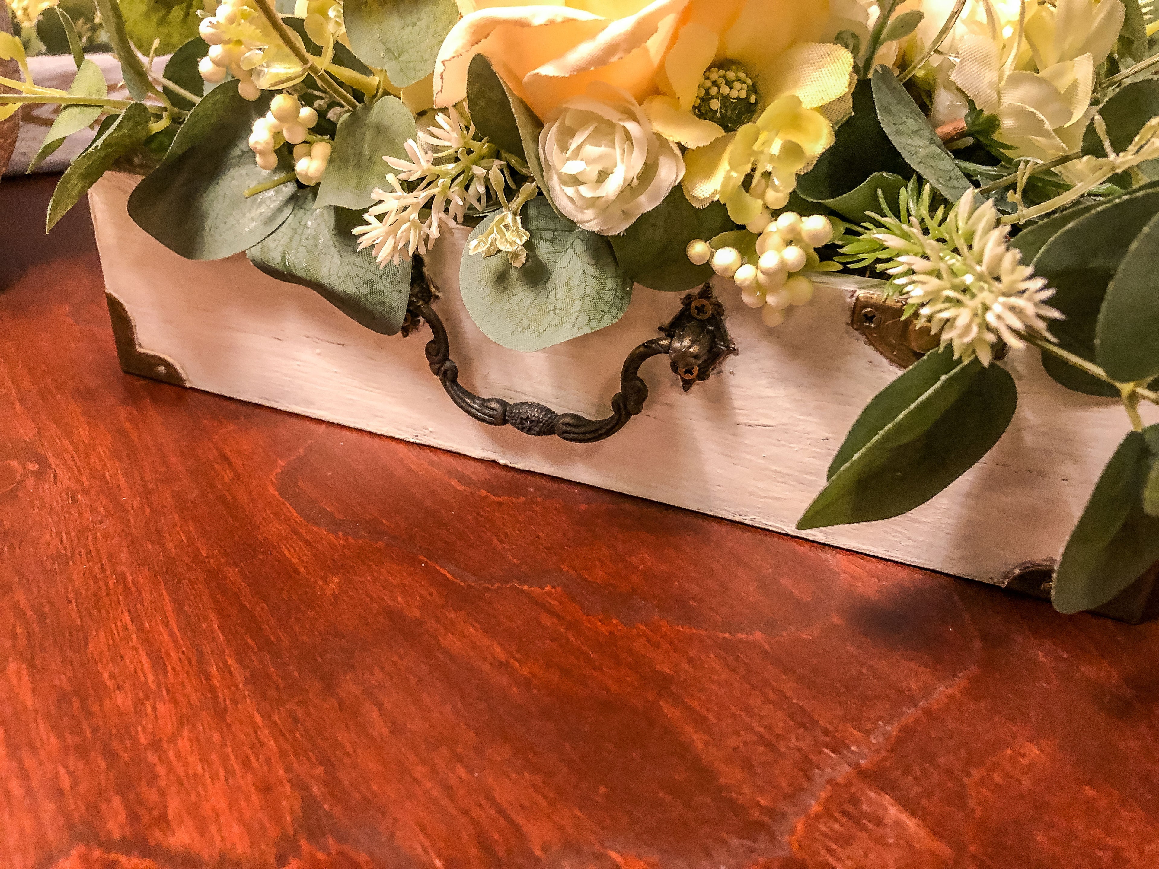 Wood jewelry box with peach rose faux floral arrangement