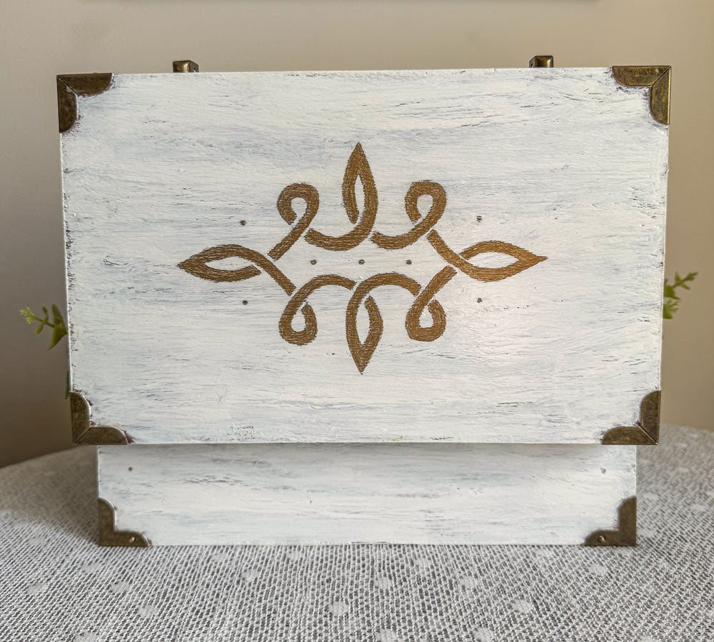 Wood jewelry box with peach rose faux floral arrangement