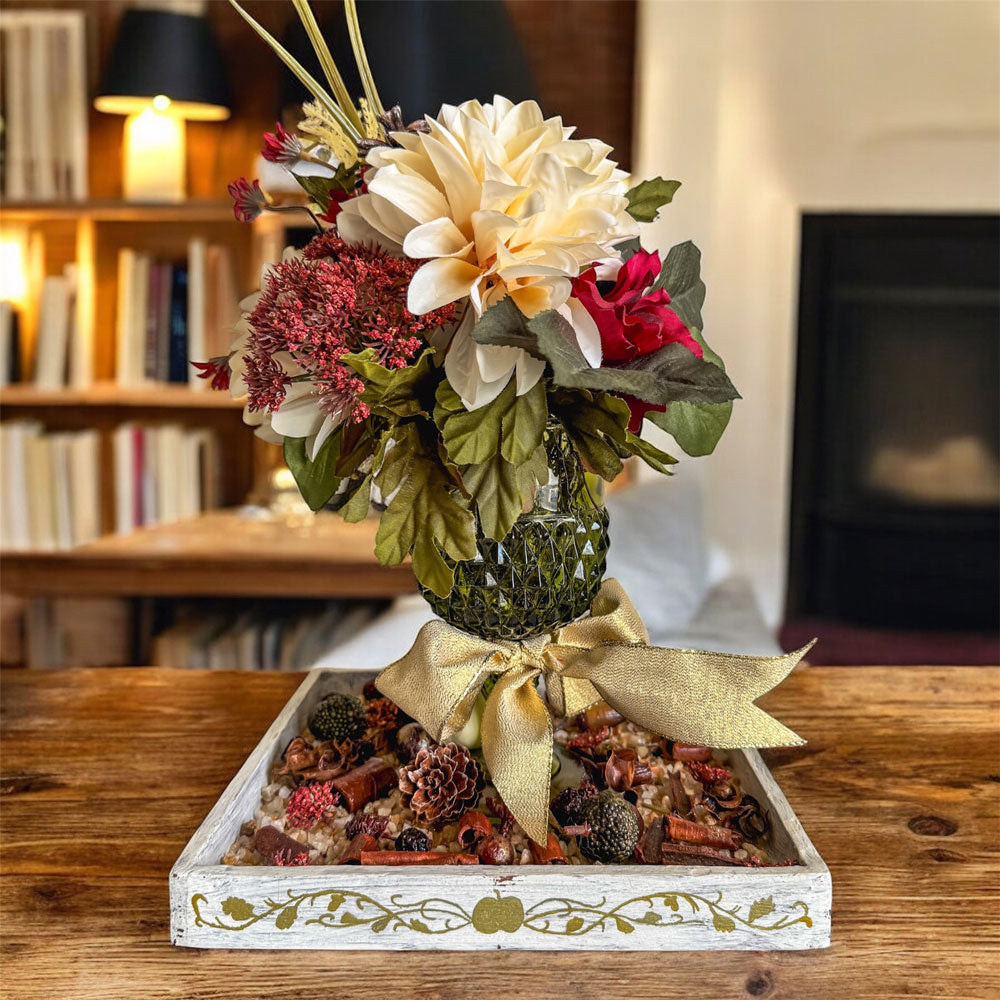Fall faux floral bouquet in vintage green glass stemware
