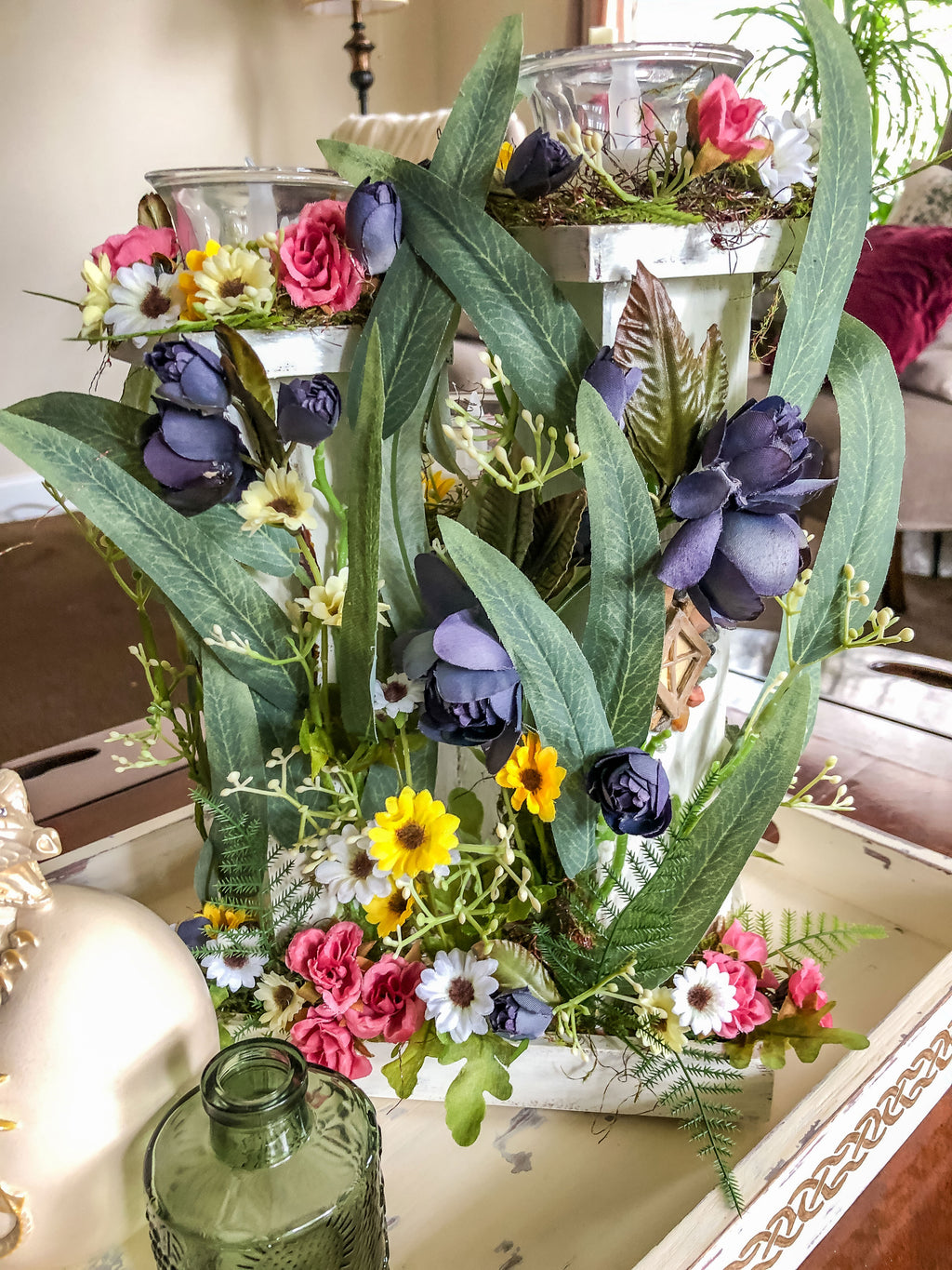 Whimsical wood candleholder with a fairy tower trio and faux florals