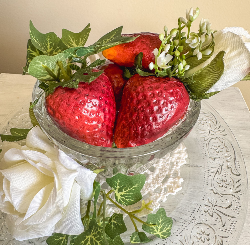 Strawberries and roses glass cup and plate faux floral display