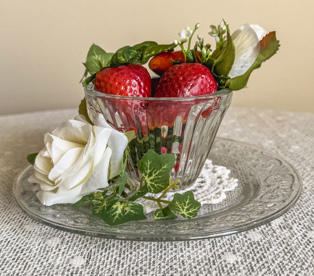Strawberries and roses glass cup and plate faux floral display