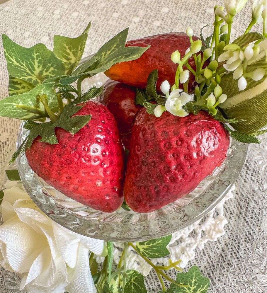 Strawberries and roses glass cup and plate faux floral display