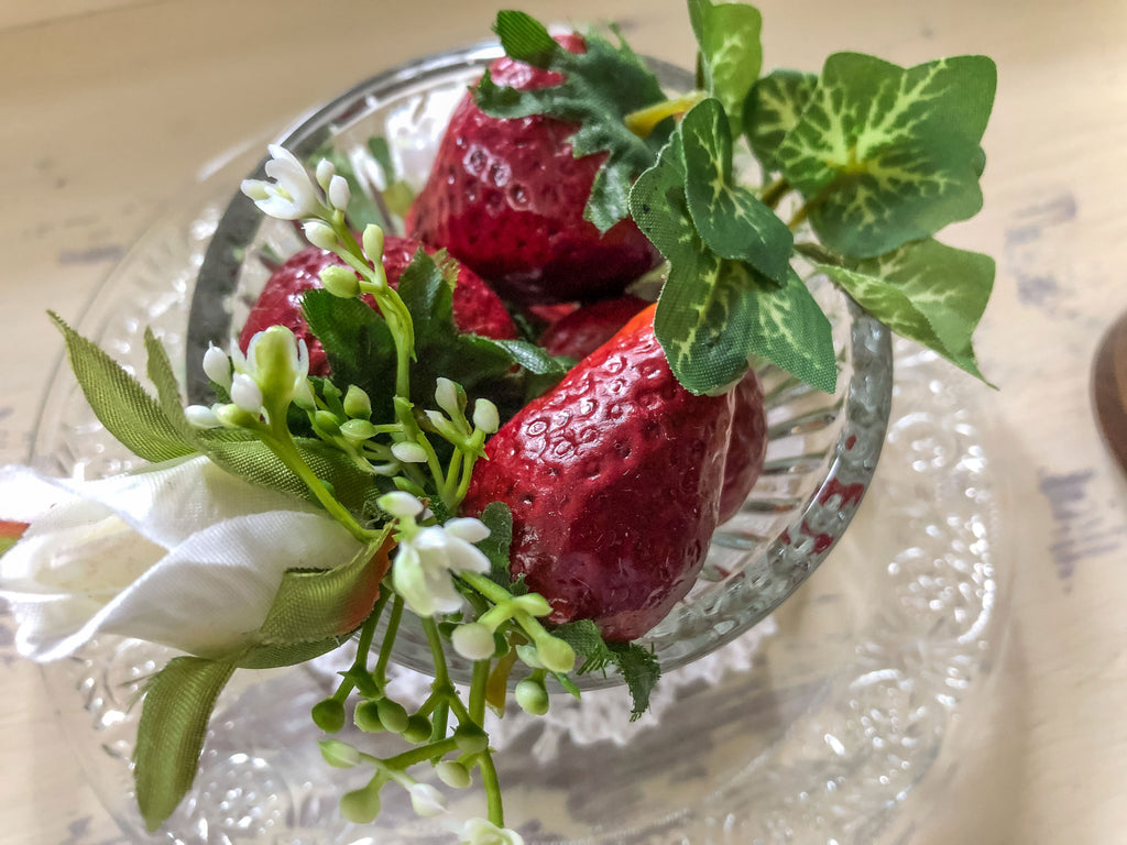 Strawberries and roses glass cup and plate faux floral display