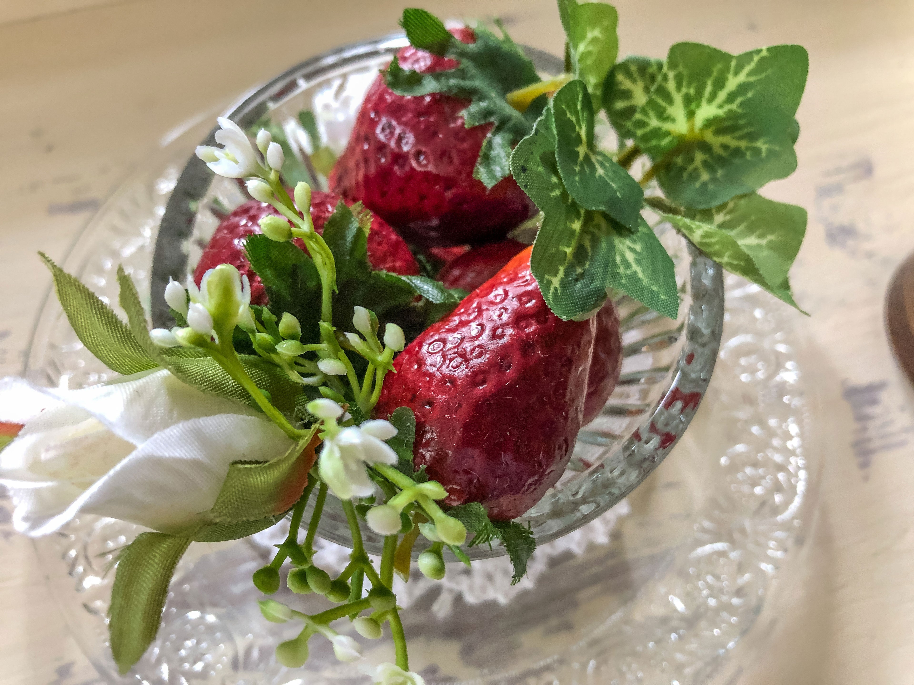 Strawberries and roses glass cup and plate faux floral display