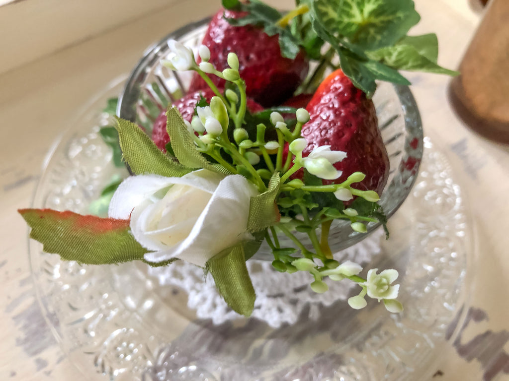 Strawberries and roses glass cup and plate faux floral display