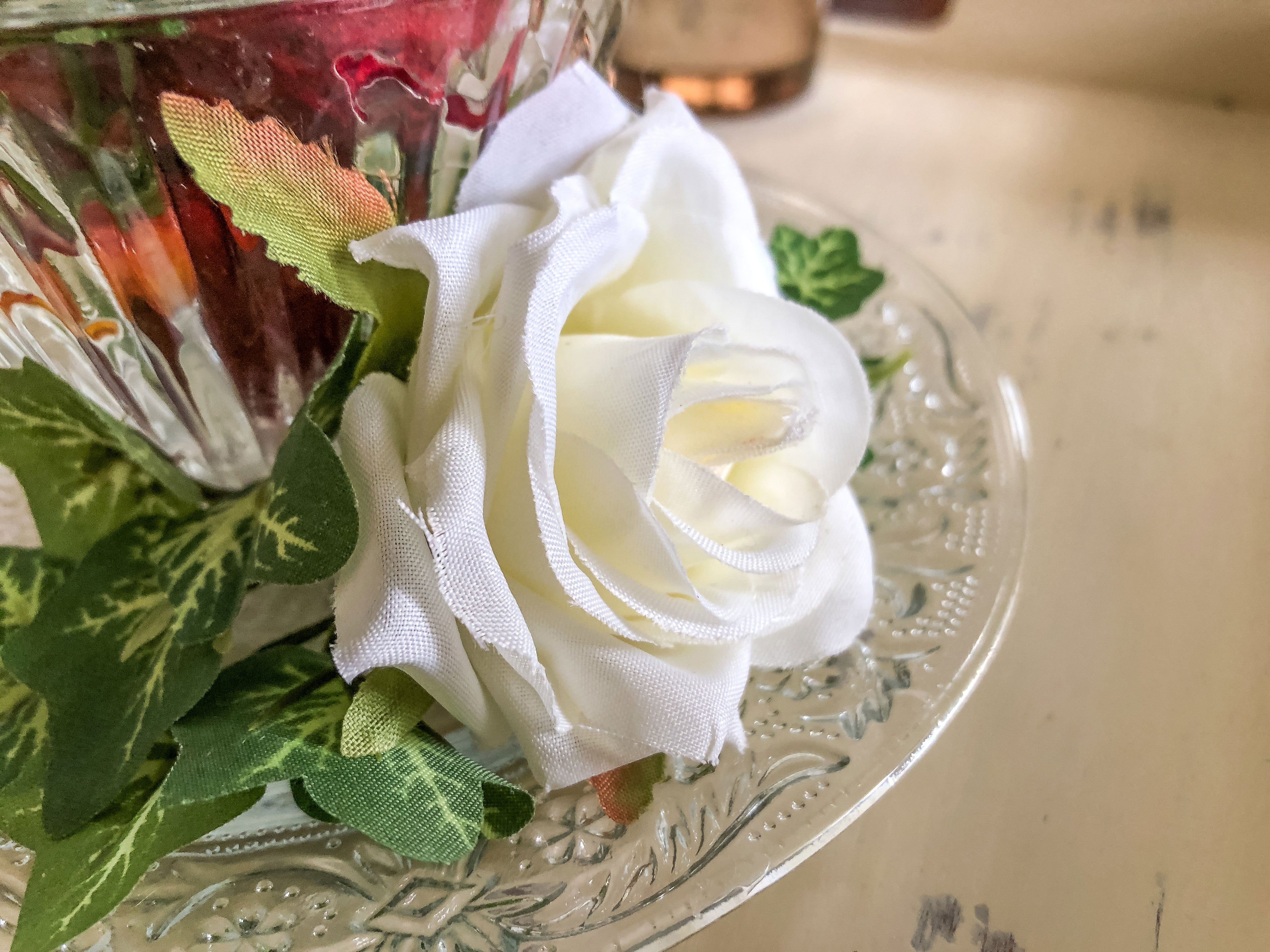 Strawberries and roses glass cup and plate faux floral display