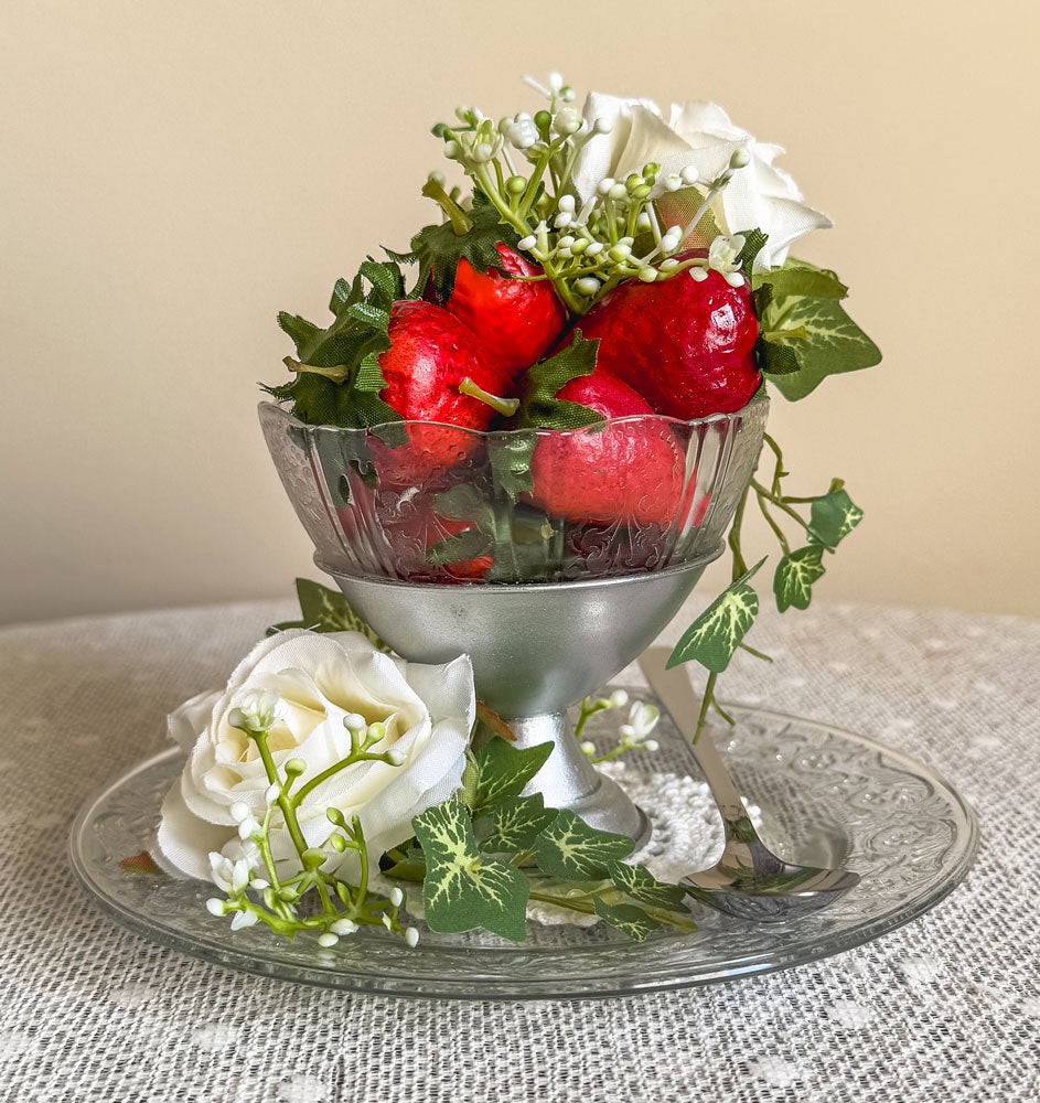 Strawberries and roses dessert cup and plate faux floral display