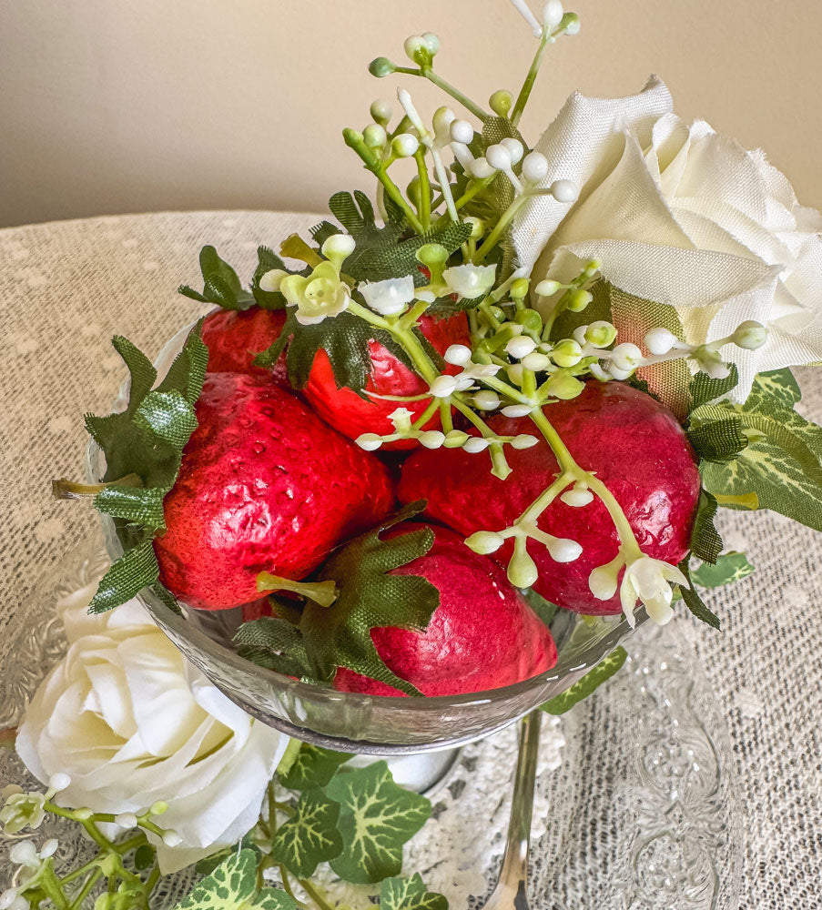 Strawberries and roses dessert cup and plate faux floral display