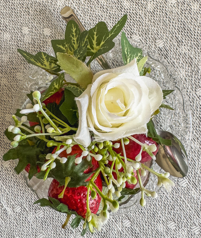 Strawberries and roses dessert cup and plate faux floral display