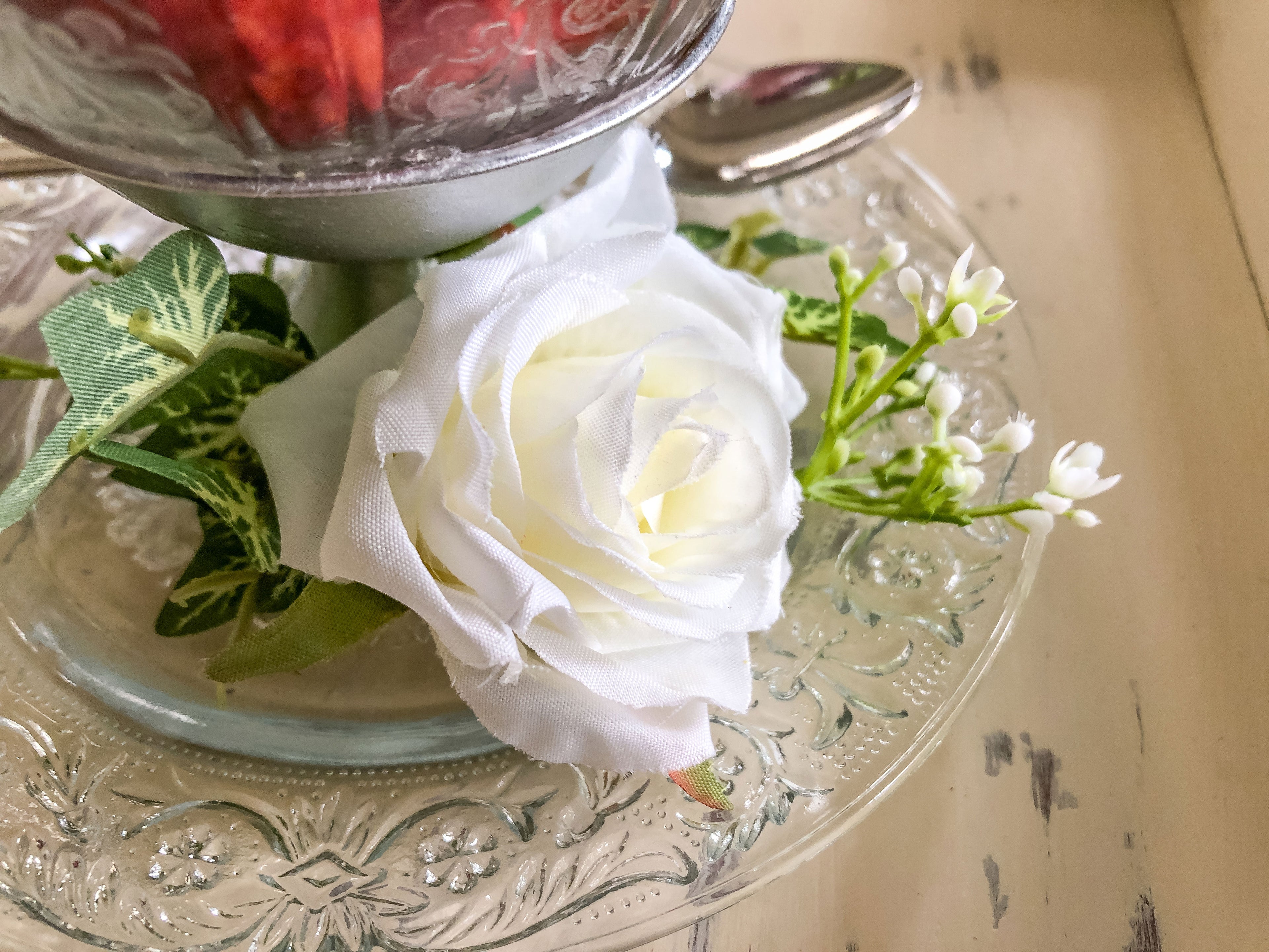 Strawberries and roses dessert cup and plate faux floral display