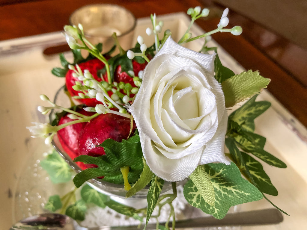 Strawberries and roses dessert cup and plate faux floral display