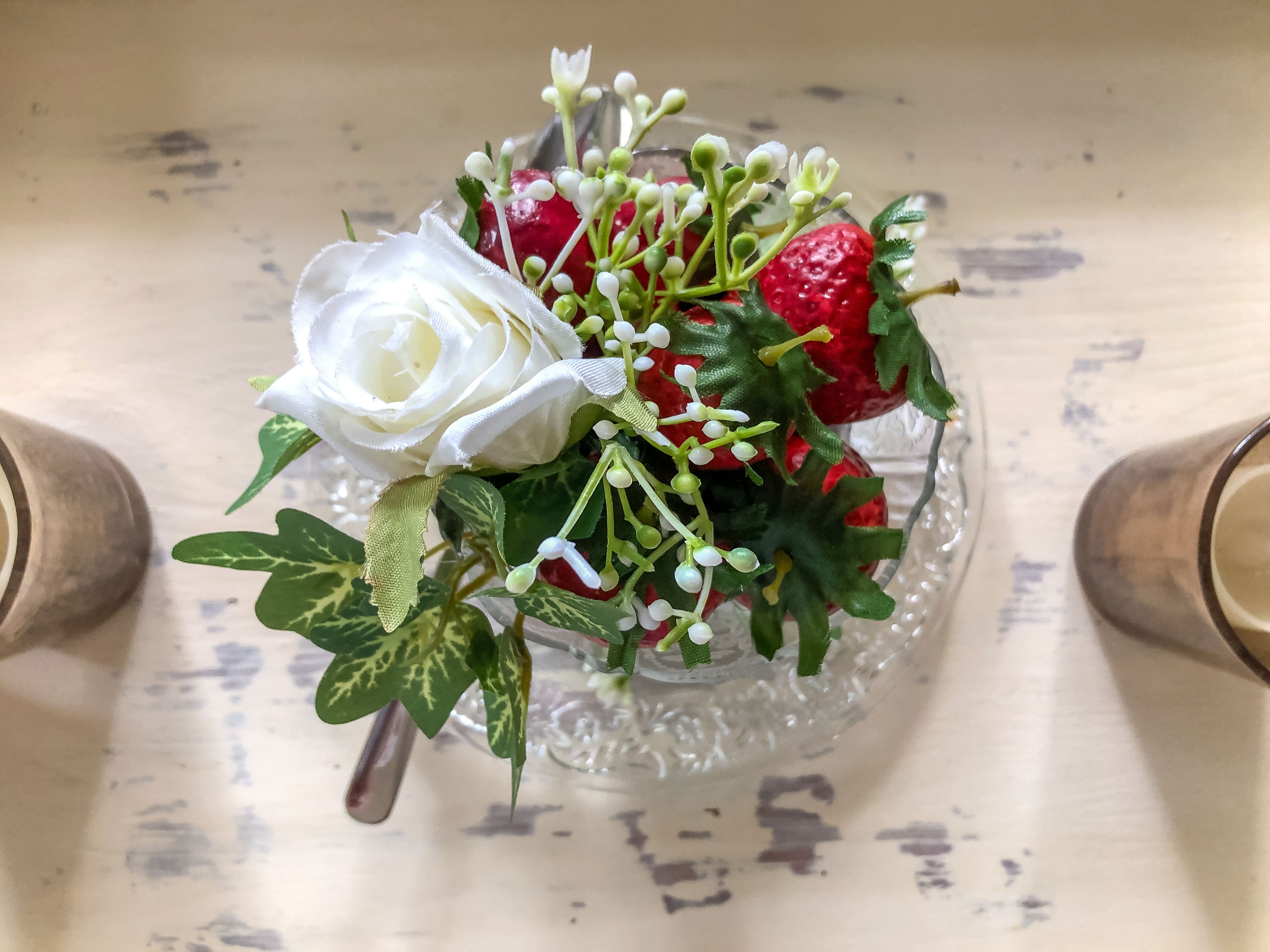 Strawberries and roses dessert cup and plate faux floral display