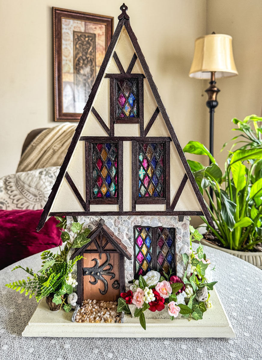 Handcrafted half-timbered wood and stone fairy house