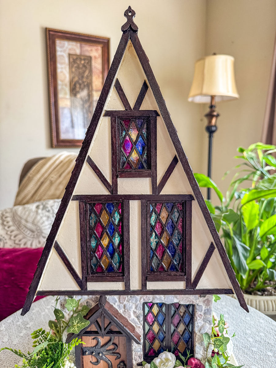 Handcrafted half-timbered wood and stone fairy house
